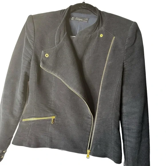 Zara Velvet Like Moto Bomber Collarless Jacket w/ Gold Zipper & Stud Detail sz M - Picture 3 of 16